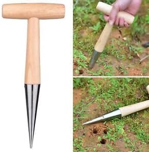 KAYTOW Garden Dibber as Soil Breaker Tool Hole Digger, Plant Bulb and Soil Digger as Garden Tool for Seed Tranplate, Depth-Stamp Stainless Steel with Polished Wood Handle for Planting Seeds Bulbs.