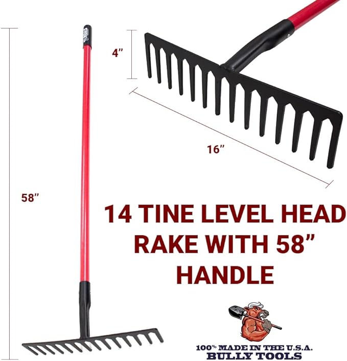 Bully Tools Level Head Rake with Fiberglass Shaft – Heavy Duty Garden Tool for Lawns, Landscaping Metal Rakes for Gardening, Yard Work, Steel Gravel Tool, Thatch Lawn Rake, Outdoor, 14 Tines (60 Inch)