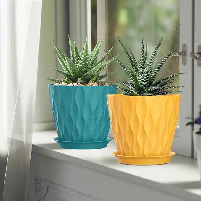 7 Inch Plant Pots 5 Pack, Flower Planters with Drainage Holes and Trays,Plastic Pots for Indoor Outdoor Plants,Multicolor