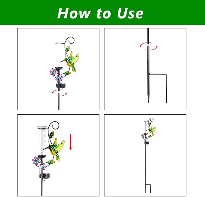 Hummingbird Rain Gauge with 5 Inch Glass Tube, Solar Rain Gauge with LED Lights Rain Water Gauge Decor for Patio, Garden Yard, Measuring Precipitation