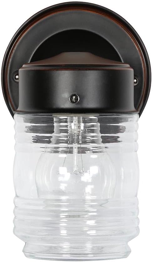 Design House Jelly Jar 1 Light Wall Light, Oil Rubbed Bronze, Outdoor Downlight, Clear Glass, Wet Rated, 7.5 in H x 4.5 in L x 5.25 in W, 60W Medium Base, Model 505198