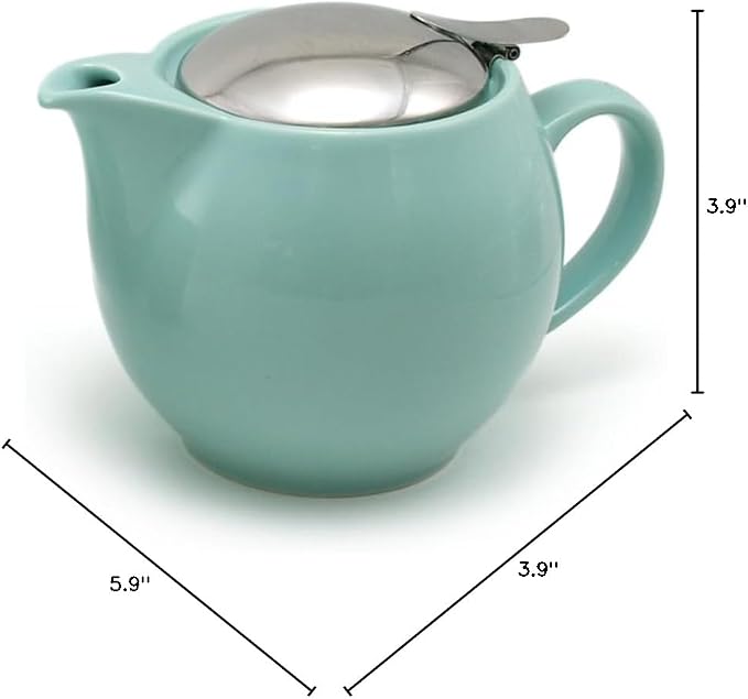 ZERO JAPAN Bee House Round Teapot For One, 15 Oz - Ceramic Tea Pot with Stainless Steel Lid and Infuser, Smooth-Pour Spout, Diswasher and Microwave Safe Tea Pots (Aqua Mist)