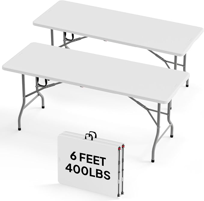 Bonnlo 2P Folding Table 6ft, Portable Collapsible Plastic White Long Tables for Party, Camping, Banquet, Craft, Dining, Wedding, Outdoor and Indoor Use