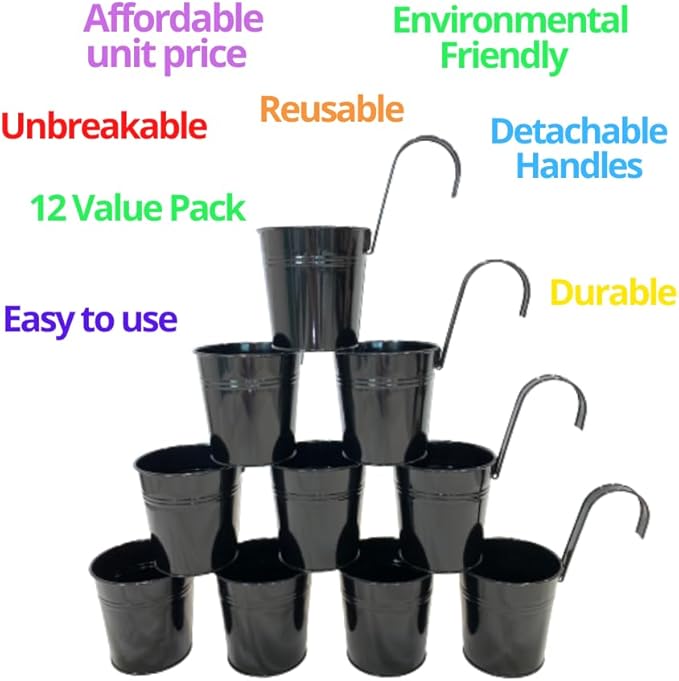 LaLaGreen Rail Planter (6 Inch, 12 Pack) Black Metal Hanging Flower Railing Fence Balcony Gardening for Apartment Patio Planters Outdoor Deck Modern Decoration Garden Style Iron Porch Decor Pots