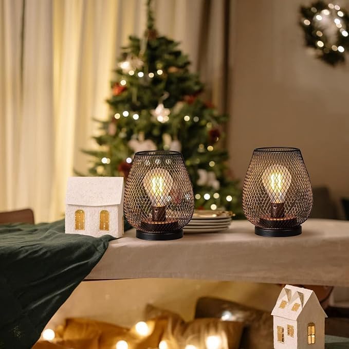 Set of 6 Battery Operated Lamp LED Table Lantern, Brown Metal Cage Cordless Lamps with LED Bulb,Vintage Decorative Outdoor Lantern for Weddings, Parties, Patio, Events for Indoors Shelf Decor