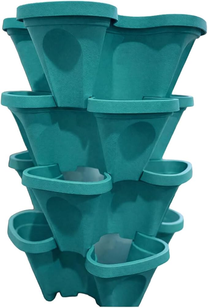 Large Vertical Planter Tower, 4 Tier Stackable Garden Planter, 16 Plant Sites, Heavy Duty Strawberry Planter, Vertical Growing System with Center Hole, Made in USA (Mineral Teal, Large)