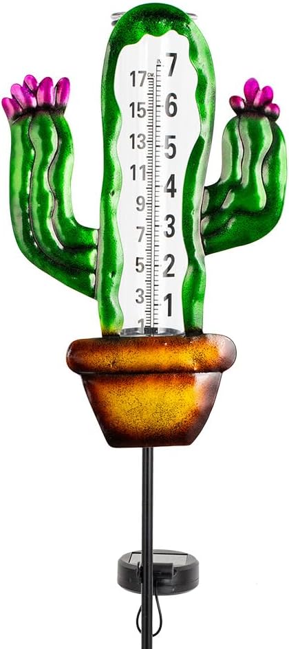 Stargarden Solar Rain Gauge Outdoor, Cactus Solar Powered Rain Gauge, 7 Inch Tube Rain Measure Gauge with Metal Stake, Decorative Rainfall Measurement for Lawn, Patio, Yard, Garden