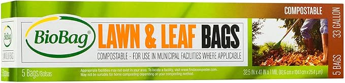 BioBag USA 100% Certified Compostable Lawn & Leaf Yard Waste Bags, 33 Gallon, Large Capacity and Weather Resistant, 60 Count
