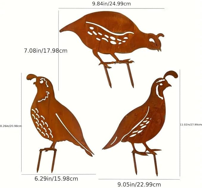 3 Pack Rusty Quail Family Decorative Garden Stakes, Metal Birds Statues Garden Sculptures and Yard Art, Patio, Lawn Ornaments Decor(Brown)