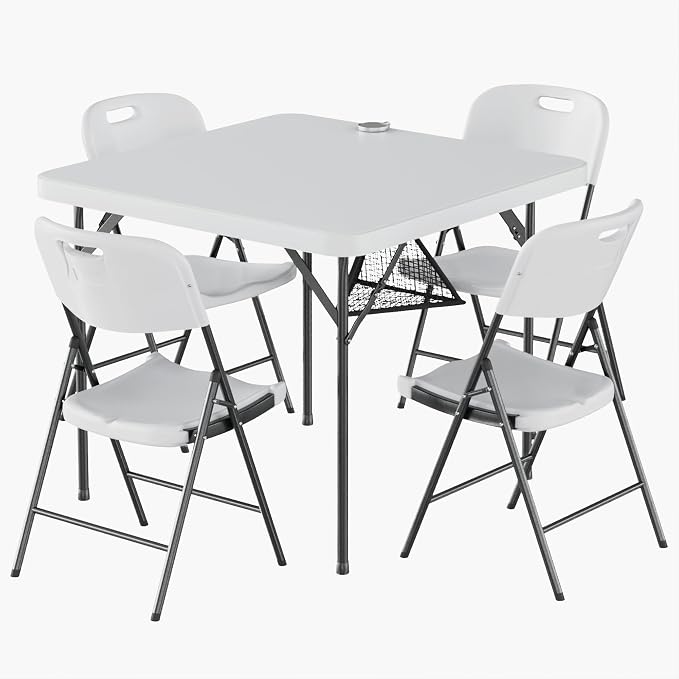 VECELO Folding Card Table Square and Chairs Set, Collapsible Legs & Portable for Indoor/Outdoor, Picnic, 5 Piece, White
