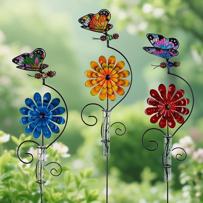 Rain Gauge Outdoor, 3 Pack Butterfly Rain Gauges with 5" Plastic Tube, Metal Flower Decorative Garden Stakes for Yard Patio Lawn Decor