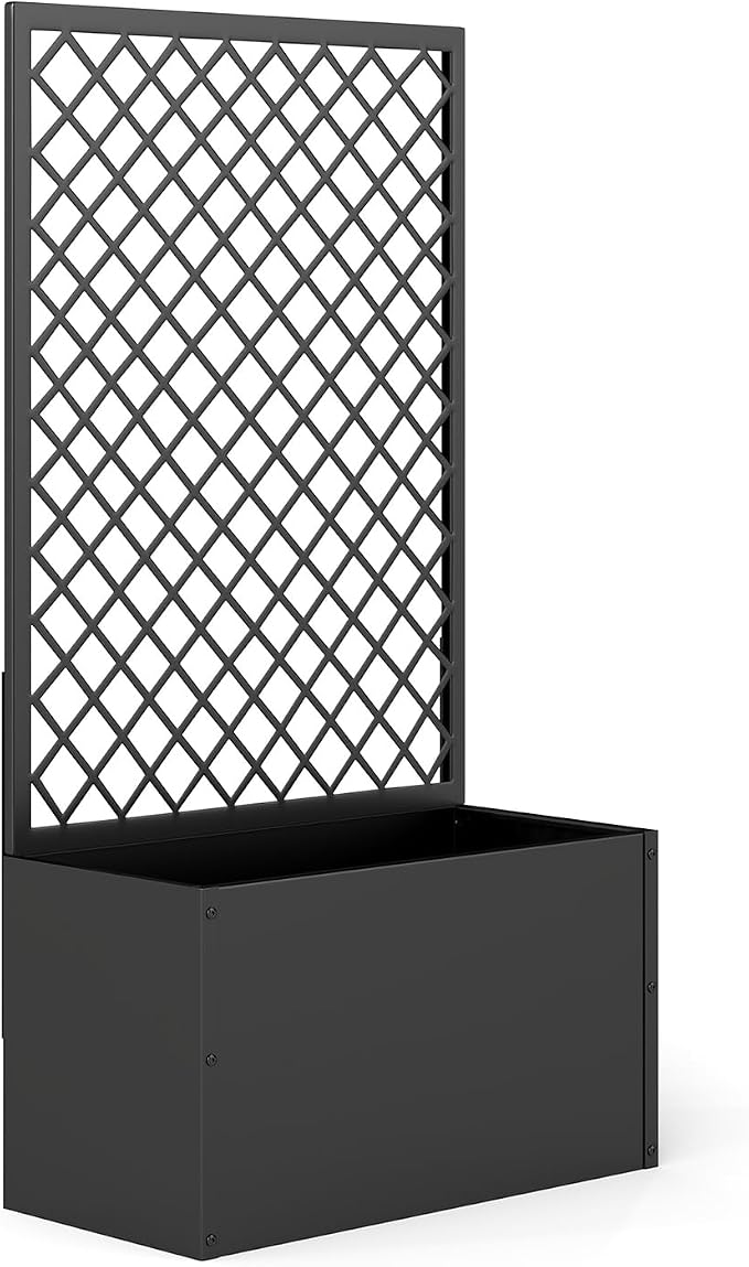 kinbor Planter with Trellis - Metal Planter Boxes Outdoor, Raised Garden Bed with Lattice Trellis for Climbing Plants, Black Flower Boxes Outdoor
