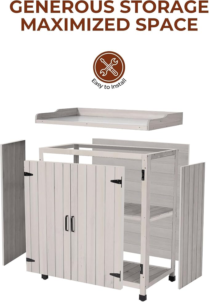 Outdoor Potting Bench with Metal Top, Wooden Garden Storage Cabinet & Tool Shed, Weather-Resistant Workstation for Patio, Backyard, Poolside (Gray)