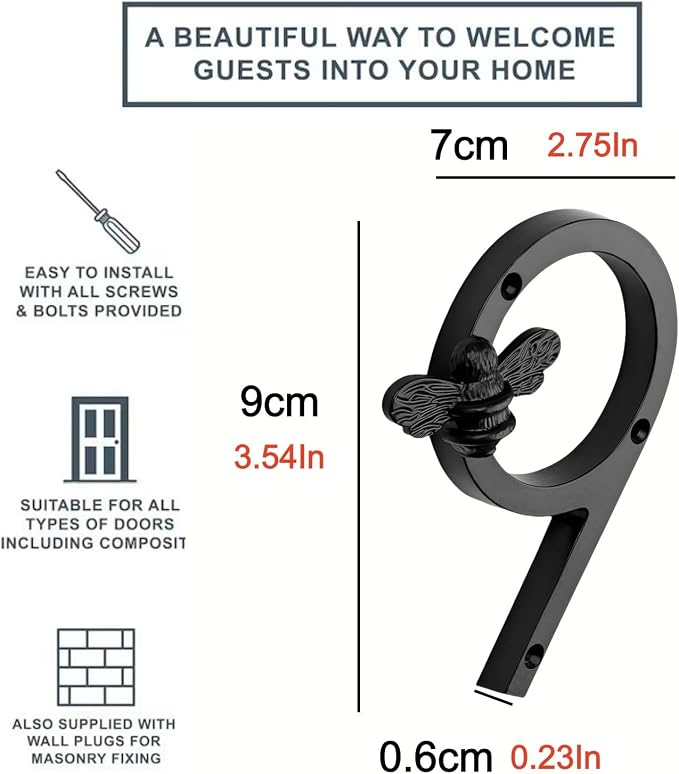 Aimery Bee House Number Sign, Classical Style 0-9 Metal, 3.5 inch for Outside, Motels,Address Numbers for House, Mailbox(Black,9)