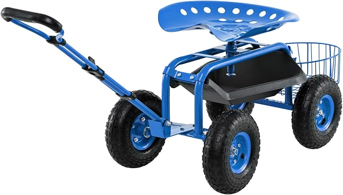 IRONMAX Garden Cart with Seat, Gardening Rolling Stool Scooter with 10’’ All-Terrain Wheels, Adjustable Steering Handle, Tool Tray and Basket, Outdoor Work Seat for Planting (Blue)