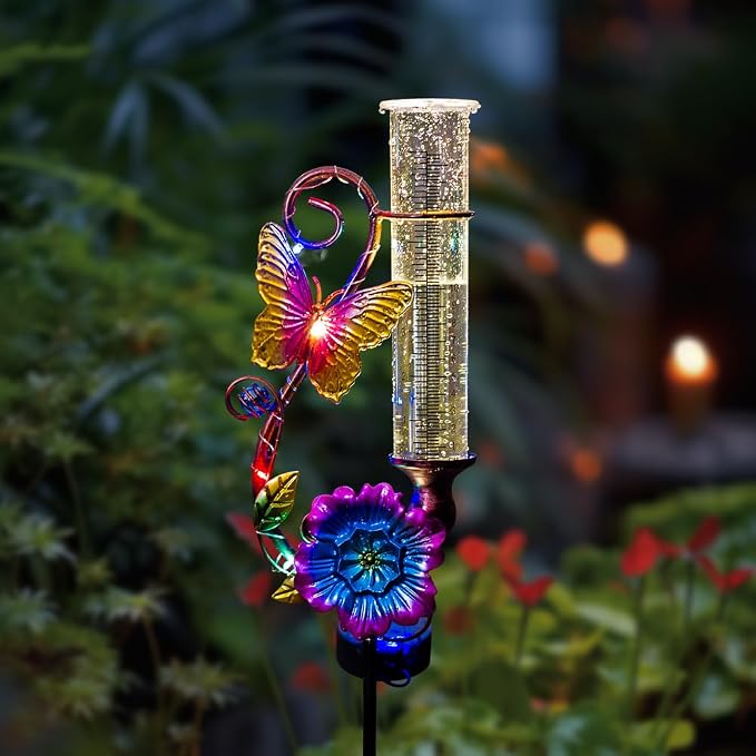 Butterfly Rain Gauge Outdoor, Solar Rain Gauge with Metal Stake, 7 Inch Tube Decorative Color Lights Rain Measure Gauge for Patio, Lawn, Garden
