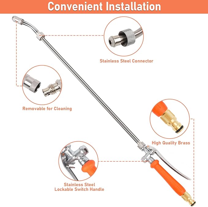 All Metal 44 Inch Replacement Sprayer Wand, Suitable for 1/2" Hose Quick Connector, 1/4" & 3/8" & 1/2" Brass Barb Sprayer Wand, Built-in Shut Valve Stainless Steel, W/2 Hose Clamps & 2 Rolls Raw Tape