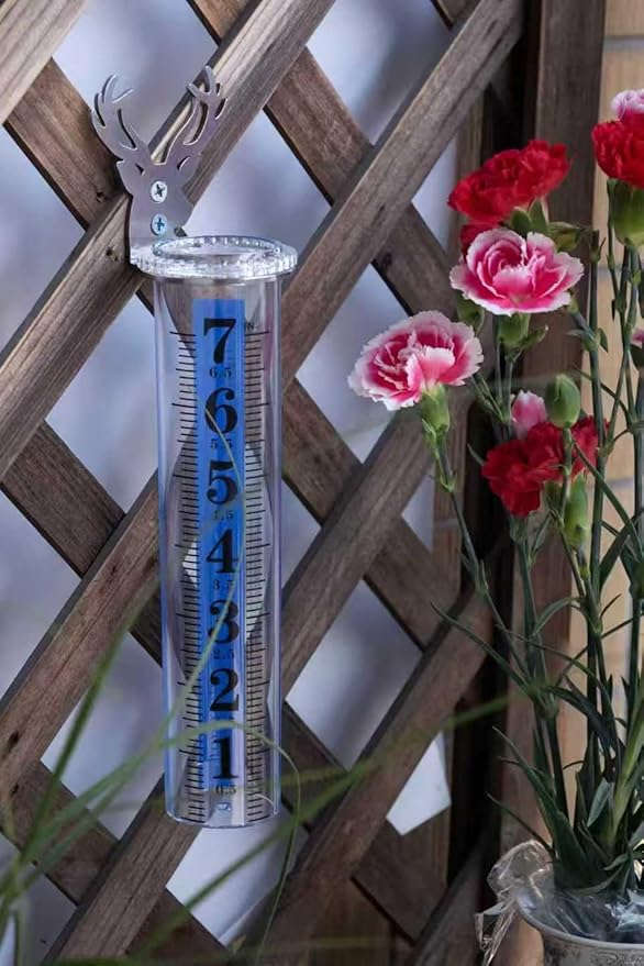 7" Rain Gauge Outdoor, Accurate Glass Tube Best Rated with Deer Shape Rack, Decorative Deer Antler Rain Measure Tool for Garden, Lawn, Patio (Style B)