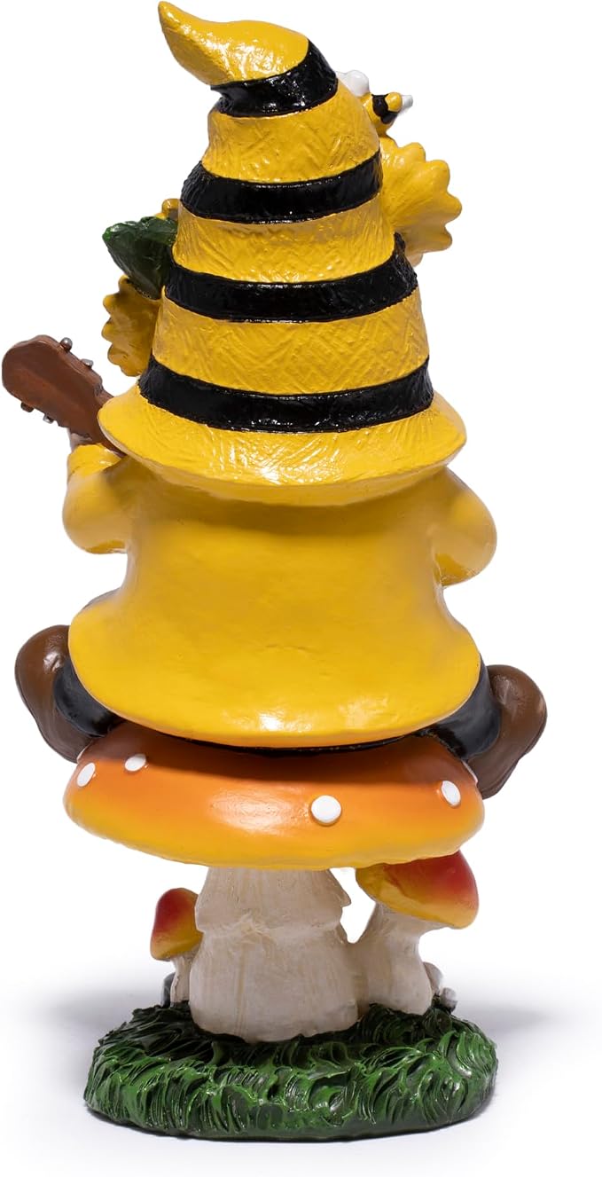 basen Spring Bee Gnome Garden Statue Resin Gnome Figurine with Mushroom Seat and Guitar, Bee Decor for Indoor Outdoor Patio Yard Porch Shelf, Sunflower Home Accent Gift