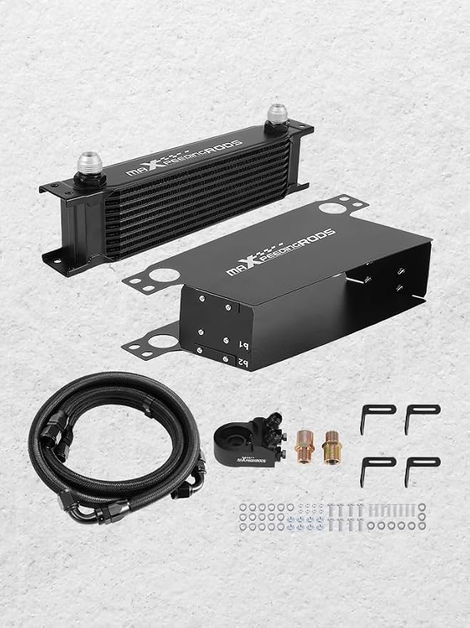 maXpeedingrods 10 Row Engine Oil Cooler Kit, 10AN Transmission Engine Cooler British Radiator Universal Aluminium Black, Thermostatic Oil Filter Sandwich Adapter, Air Guide Kit and Oil Cooler Hoses