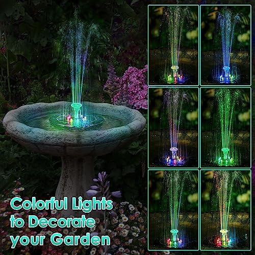 Saillong 2 Pack 5W Solar Bird Bath Fountain Pump with Colorful LED Lights, 6.3'' Battery and Solar Powered Water Fountains with 6 Nozzles, Floating Fountain Pump for Bird Bath Garden, Pond