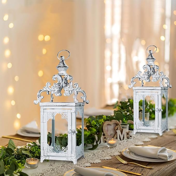 NEEDOMO Lanterns Decorative Indoor, 16" White Hanging Lantern Decor Outdoor, Vintage Metal Large Candle Lantern for Patio, Front Porch, Table, Home Decor, Candle Holder with Clear Glass