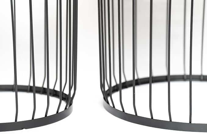 2-Pack Solar Nesting Side Tables, Modern Round End Tables with LED Lights, Metal Wire Cage Accent Tables, Waterproof Indoor Outdoor Patio Nightstand for Living Room Balcony Garden, Matte Black