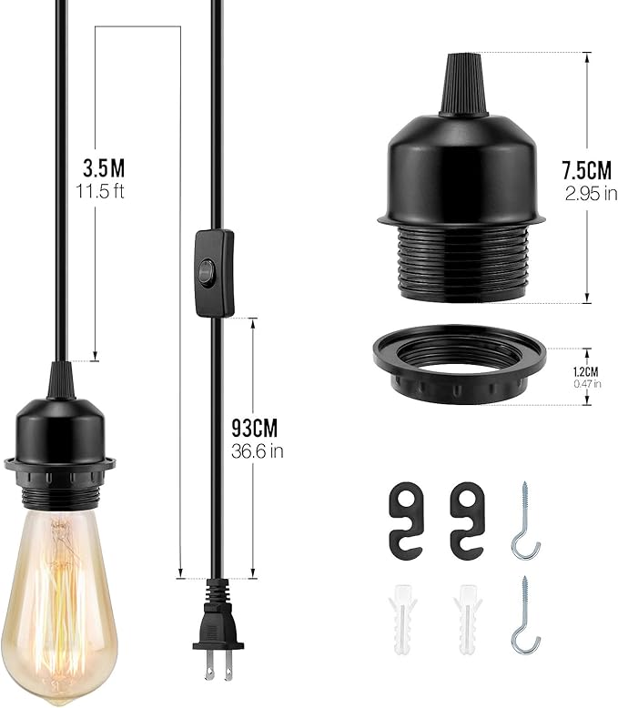 3Pack Plug in Hanging Light Kit, E26/E27 Vintage Hanging Lights with Plug in Cord, Retro Pendant Light Kit, 12FT Cord with On/Off Switch, Pendant Light Cord for Hanging Light(Black)