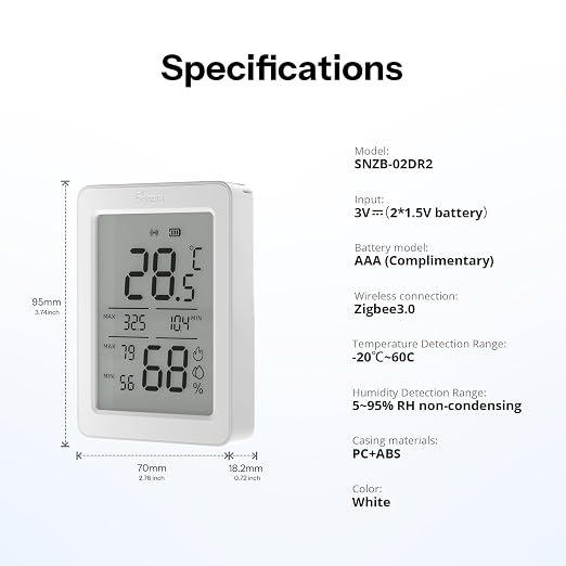 SONOFF AirGuard TH, SNZB-02DR2 Indoor Zigbee Temperature and Humidity Sensor, 3.6'' LCD Display, Thermometer Hygrometer with App Alert, Remote Monitor for Greenhouse Wine Cellar
