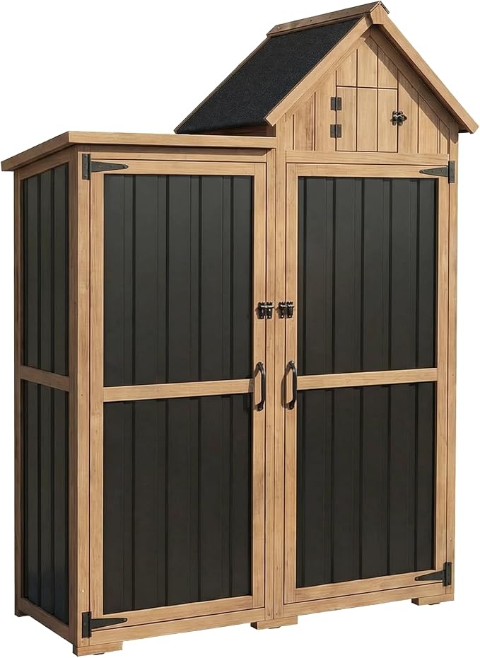 Outdoor Storage Cabinet Weatherproof with 3 Adjustable Shelves, 66'' H Wood & Metal Storage Shed with Lockable Doors & Waterproof Roof, Outside Garden Tool Sheds, Brown