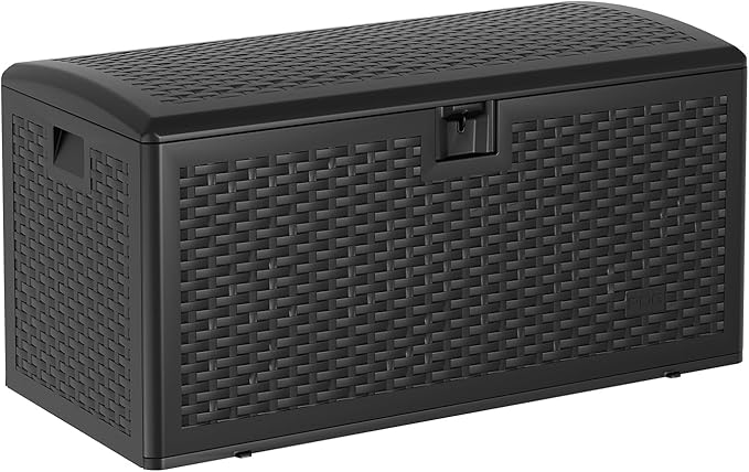 120 Gallons Outdoor Storage Box, Lockable Resin Deck Box for Outside Patio Furniture Cushion, Pool Supply, with Hydraulic Hinge, UV-Resistant and Weatherproof, Rattan Black