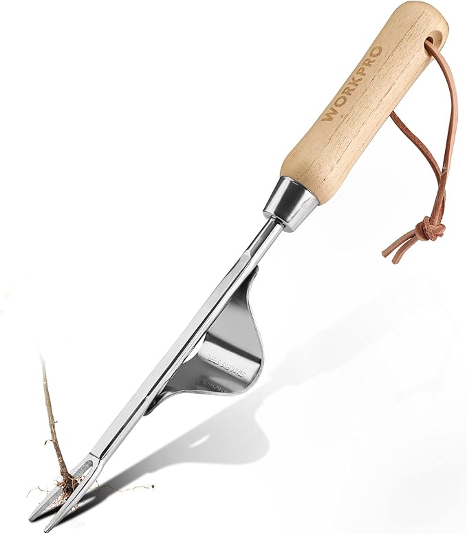 WORKPRO Weed Puller Tool, Metal Leverage Base and V-Shaped Forks for Easy Weed Removal & Deeper Root Digging, Heavy Duty Stainless Steel with Soft Handle, Manual Hand Weeder for Gardening
