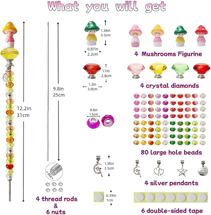 102 Pcs Fairy Garden Accessories Outdoor Kit - DIY Fairy Wand Beaded Garden Stakes Decorative Kit with Miniature Mushrooms Figurine for Different Festivals, Beadable Items(Mushrooms)