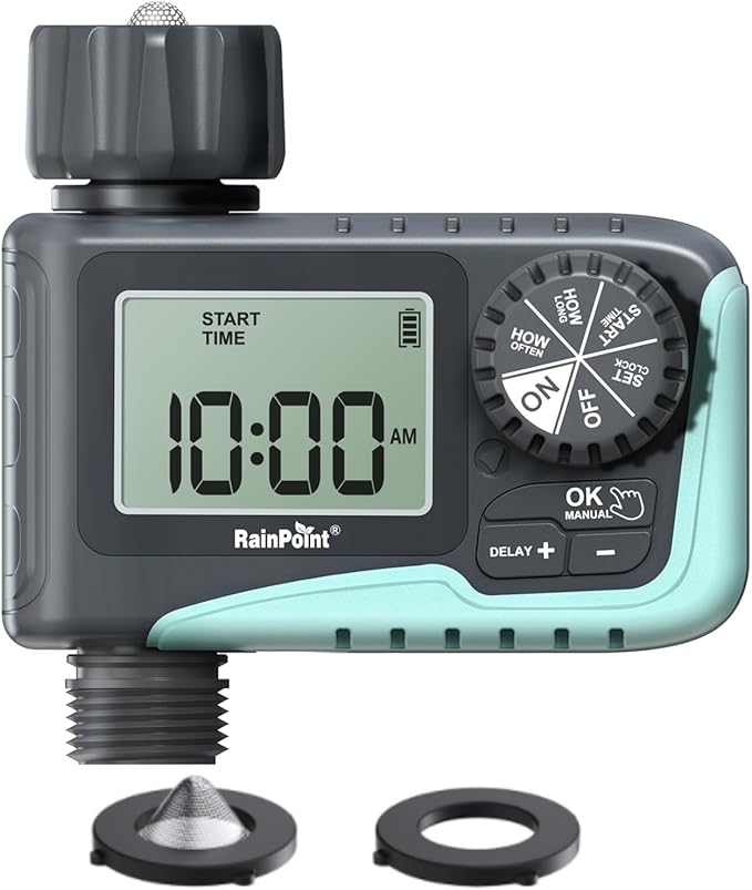 RAINPOINT Sprinkler Timer, 4 Outlets Hose Timer with Brass Inlet with Rain Delay/Manual/Automatic Controller System, Programmable Digital for Lawn Yard, 4 Zone (Sky Blue, 1 Outlet)