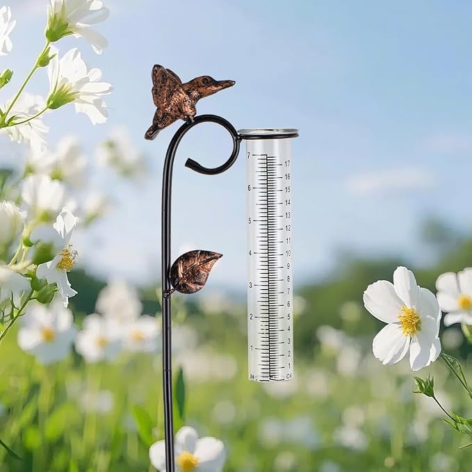Hummingbird Rain Gauge Outdoor, Metal Rain Gauge with 7-Inch Glass Tube, Decorative Rain Water Gauge for Garden, Yard, Lawn