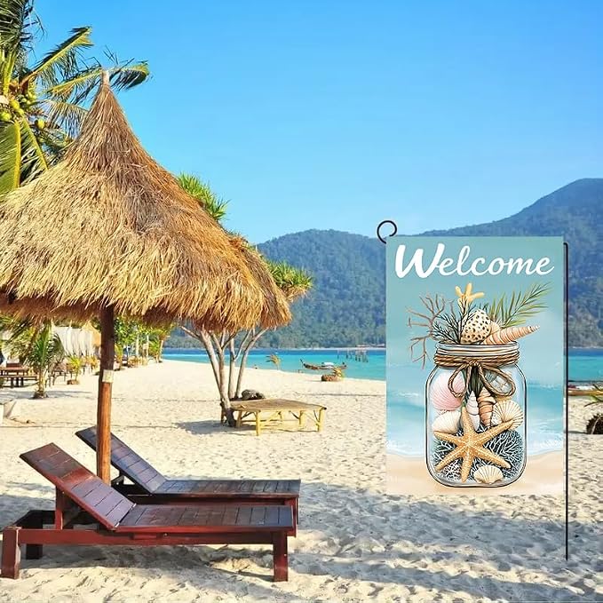 Summer Welcome Garden Flags 12x18 Double Sided Outside | Small Burlap Seasonal Tropical Farmhouse Porch Flags Yard Decorations, Outdoor Beach Pool Decor, Beach Shell Design