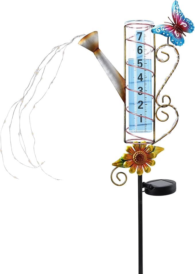WONDER GARDEN Solar Rain Gauge Outdoor, Kettle Decorative Rain Gauges Outdoors Best Rated with Stream-Like LED Lights, Freeze Proof Water Rain Measure Gauge for Yard Patio Lawn Decor