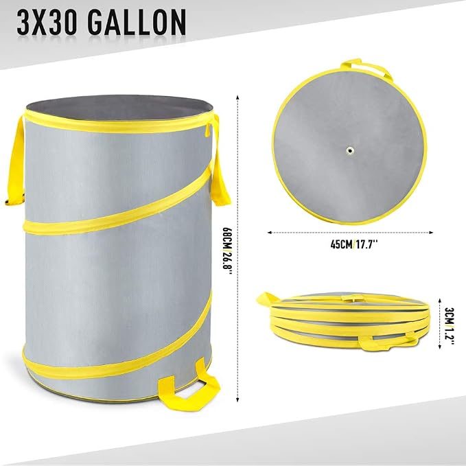 3 Pack 30 Gallon Collapsible Trash Can, Reusable Garden Leaf Bag, Pop-Up Portable Yard Waste Bags for Lawn Debris, Camping, Autumn Cleanup - Easy Storage & Carry