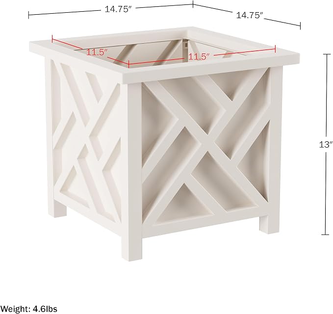 Lattice Design Outdoor Planter Box 2-Pack - 14.75” Square 13” Tall White Decorative Plant Pots for Front Porch Decor - Flower Pots Outdoor Planters for Porch Patio or Garden Decor by Pure Garden