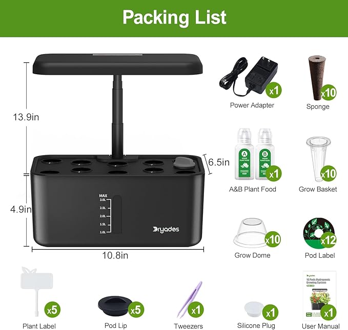 Hydroponics Growing System - 10-Pod, 24W LED & Quiet Pump for Herbs, Veggies | Indoor Herb Garden, Full-Spectrum LED Grow Lights, Plant Germination Kit, Gift for Gardening Lovers