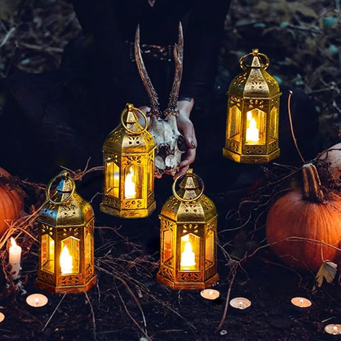 Mini Lantern with Flickering LED Candles Set of 20, Hewory Gold Vintage Decorative Hanging Candle Lanterns for Halloween, Christmas, Wedding Decorations, Party, Table Centerpiece, Battery Included