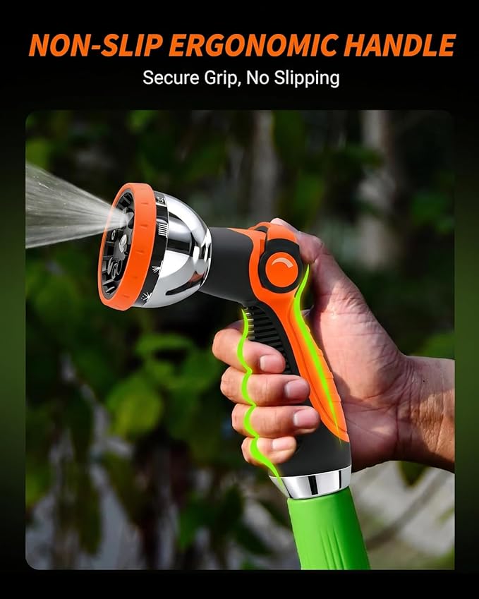 Garden Hose Nozzle Heavy Duty, Metal Water Hose Sprayer with 10 Adjustable Spray Patterns, Thumb Control On Off Valve, High Pressure Hose Nozzle for Watering, Car Washing & Pet Shower - Orange