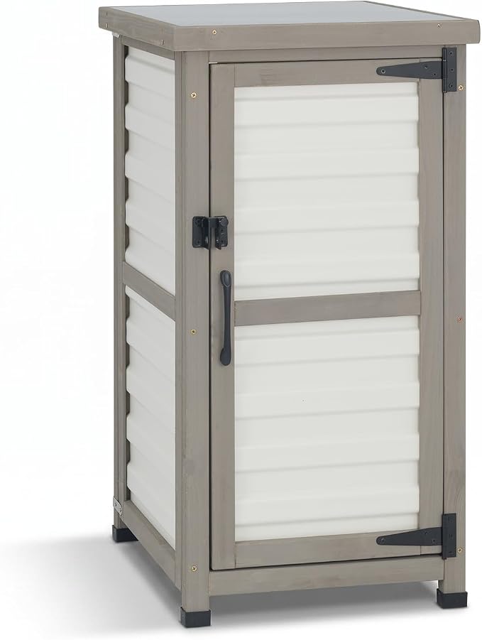 Small Outdoor Storage Cabinet with Waterproof Metal Top, White Wood & Plastic Potting Bench Table with Removable Shelf, Outside Cabinets Work Station for Patio, Balcony,17.9''x17.9''x33.5''