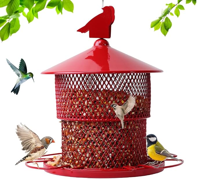 Squirrel Proof Bird Feeder for Outdoors, 4 Lbs Large Capacity Metal Mesh Wild Bird Feeders, Hanging Birdfeeder for Finch, Cardinal, Chickadees, Blue Jay, Red