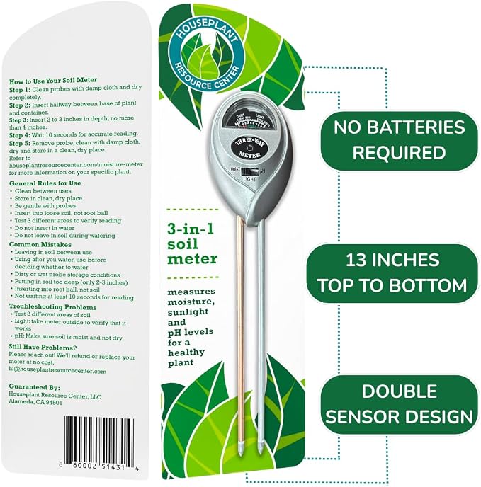 Houseplant Health Meter – 3-in-1 Tool to Prevent Overwatering, Root Rot & Leaf Burn | Test Soil Moisture, Sunlight & pH | Simple, Easy, Battery-Free | Suitable for Indoor, Outdoor & Potted Plants