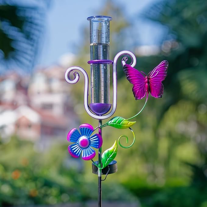 Stargarden Rain Gauge Outdoor, Solar Powered Rain Gauge, 7" Tube Butterfly Rain Measure Tool with Metal Stake, Decorative Rain Measure Gauge for Yard, Lawn, Garden