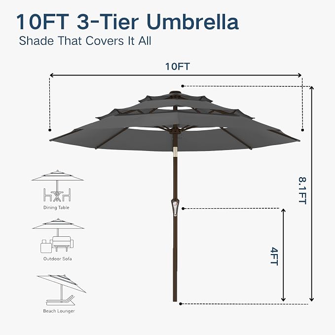 10FT Patio Umbrella 3 Tiers Outdoor Market Umbrella w/Push Button Tilt, Crank, UV and Waterproof Table Umbrella for Garden, Pool, Backyard, Deck, Lawn, Grey
