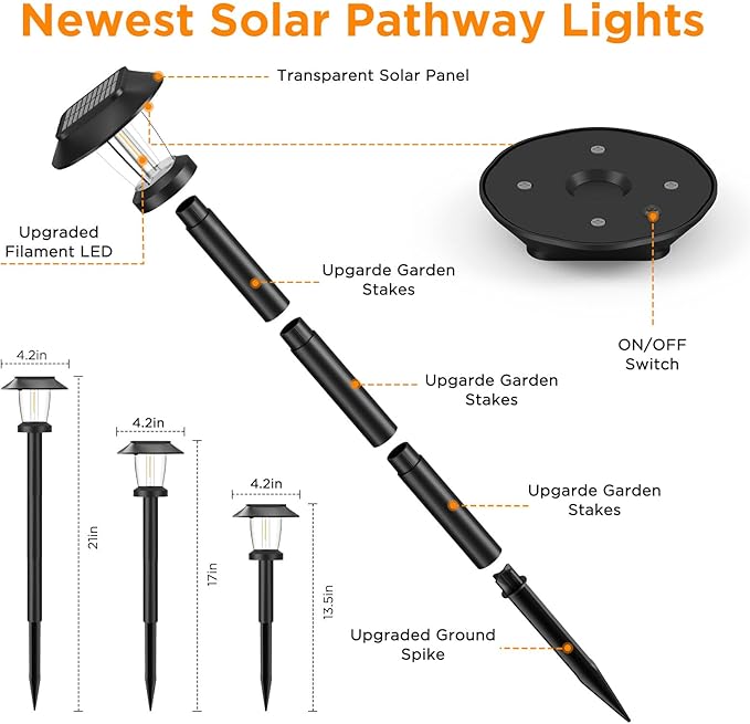 Solar Pathway Lights Outdoor - 10 Pack Solar Powered Garden Lights Waterproof IP65, Decor Landscape Lighting with Three Lighting Modes for Yard, Lawn, Walkway, Driveway, Warm White