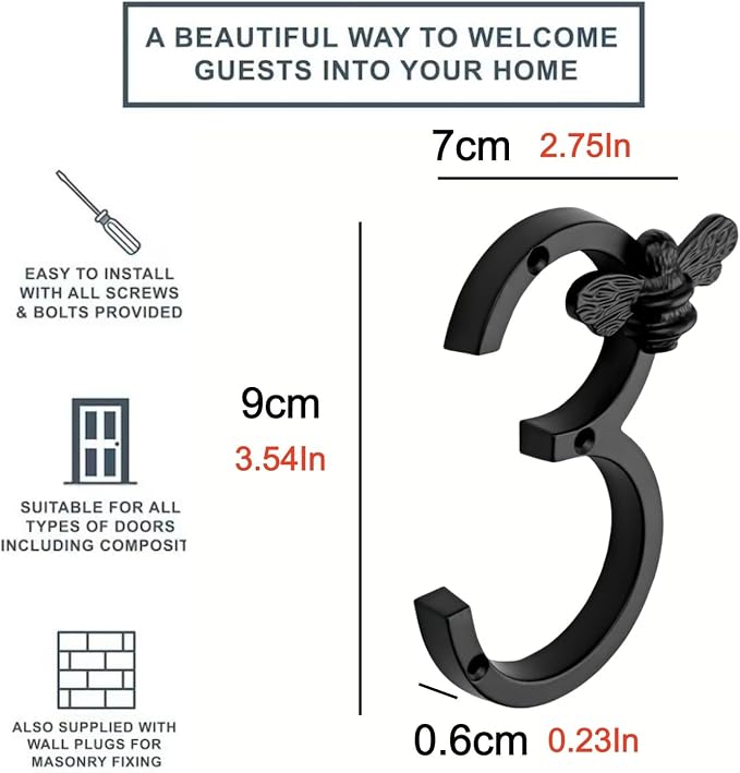 Aimery Bee House Number Sign, Classical Style 0-9 Metal, 3.5 inch for Outside, Motels,Address Numbers for House, Mailbox(Black,3)