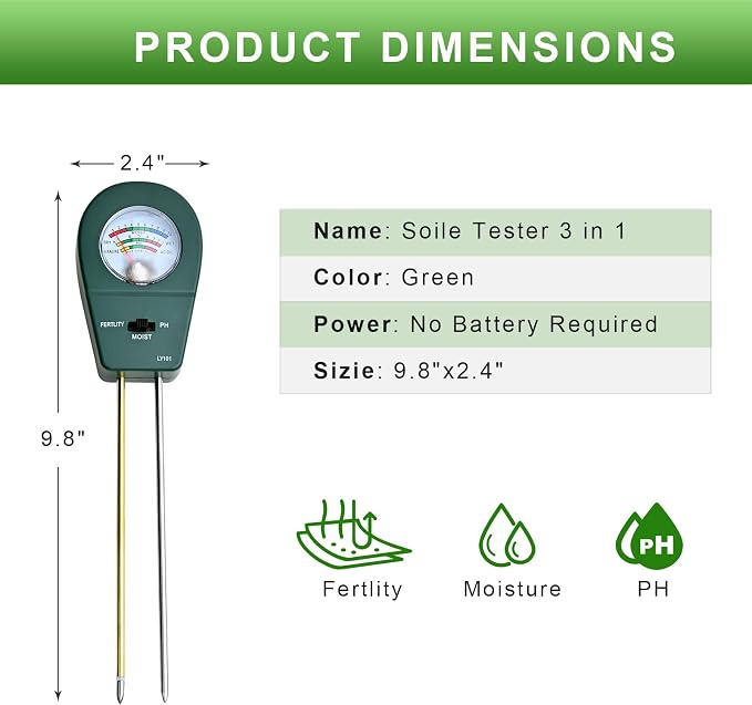 Powboro 3-in-1 Soil Tester Kit – Moisture/pH/Fertility Meter for Garden, Lawn, Potted Plants No Battery Needed Indoor/Outdoor Soil Test Kit
